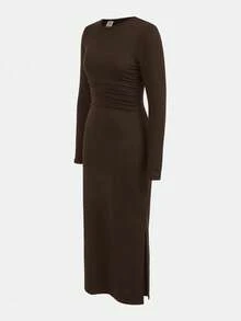 SHEIN 少女棕色长袖连衣裙，腰部褶皱设计，百搭简约，适合秋冬季穿着。 - 棕色 - 查看 6