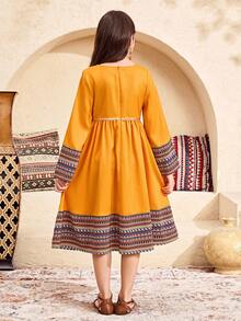 SHEIN Tween Girl Geometric Print Patchwork Long Sleeve Dress - Yellow - View 5