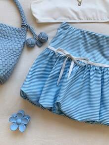 Comfortcana 女士条纹印花扭结休闲百搭迷你裙 - 淺藍色 - 查看 6