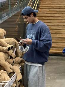 DAZY 男士字母印花圆领短款套头卫衣，海军蓝，春秋季 - 藏蓝色 - 查看 4