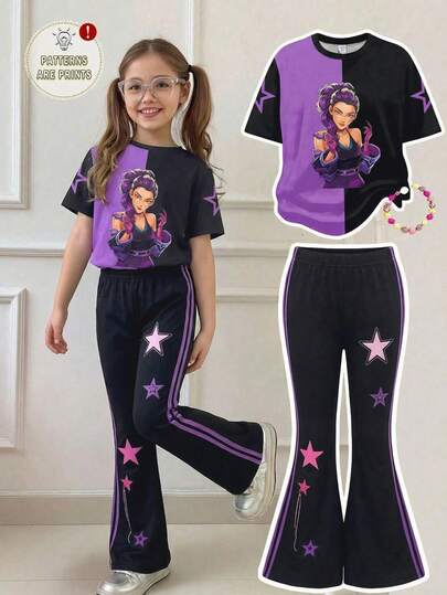 SHEIN 2pcs/Set Young Girl Casual Loose Heart & Face Graffiti Print Short Sleeve Round Neck T-Shirt And Flare Pants, Suitable For Summer, Suitable For Home, Outing, Street Photography, Campus