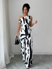 Elenzga 女士斜肩上衣和直筒裤印花两件套，适合度假、通勤、春夏穿着 - 彩色 - 查看 5