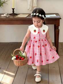 女婴草莓格子印花领绣草莓图案休闲连衣裙，适合日常穿着和度假穿着。 - 粉色 - 查看 8