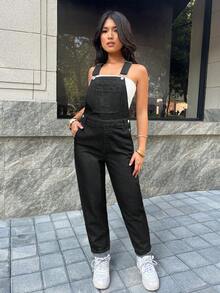 SHEIN PETITE 女士休闲百搭水洗牛仔背带裤 - 黑色 - 查看 5