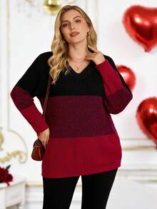 EMERY ROSE Autumn/Winter Women Plus Size Contrast Color V-Neck Drop Shoulder Casual Pullover Sweater Fall - Multicolor - View 1