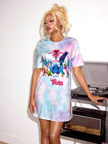 Trolls X SHEIN Áo ngủ ngắn tay dáng rộng in chữ hoạt hình nhuộm màu tie-dye dành cho nữ, thích hợp cho mùa hè. - Nhiều màu - Xem 3