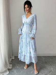 Modelyn V-Neck Ruched Lantern Sleeve Women's Dress - Blue - View 6