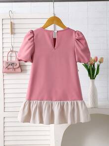 SHEIN Girls' Casual Black Contrast Collar Waist Knit Dress - Pink - View 2