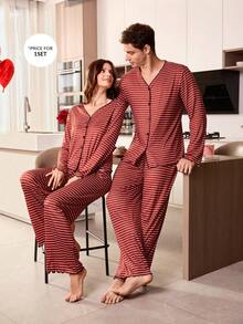 SHEIN Men's Fashion Casual Striped Print V-Neck Cardigan Long Sleeve Pajama Set - Red - View 1
