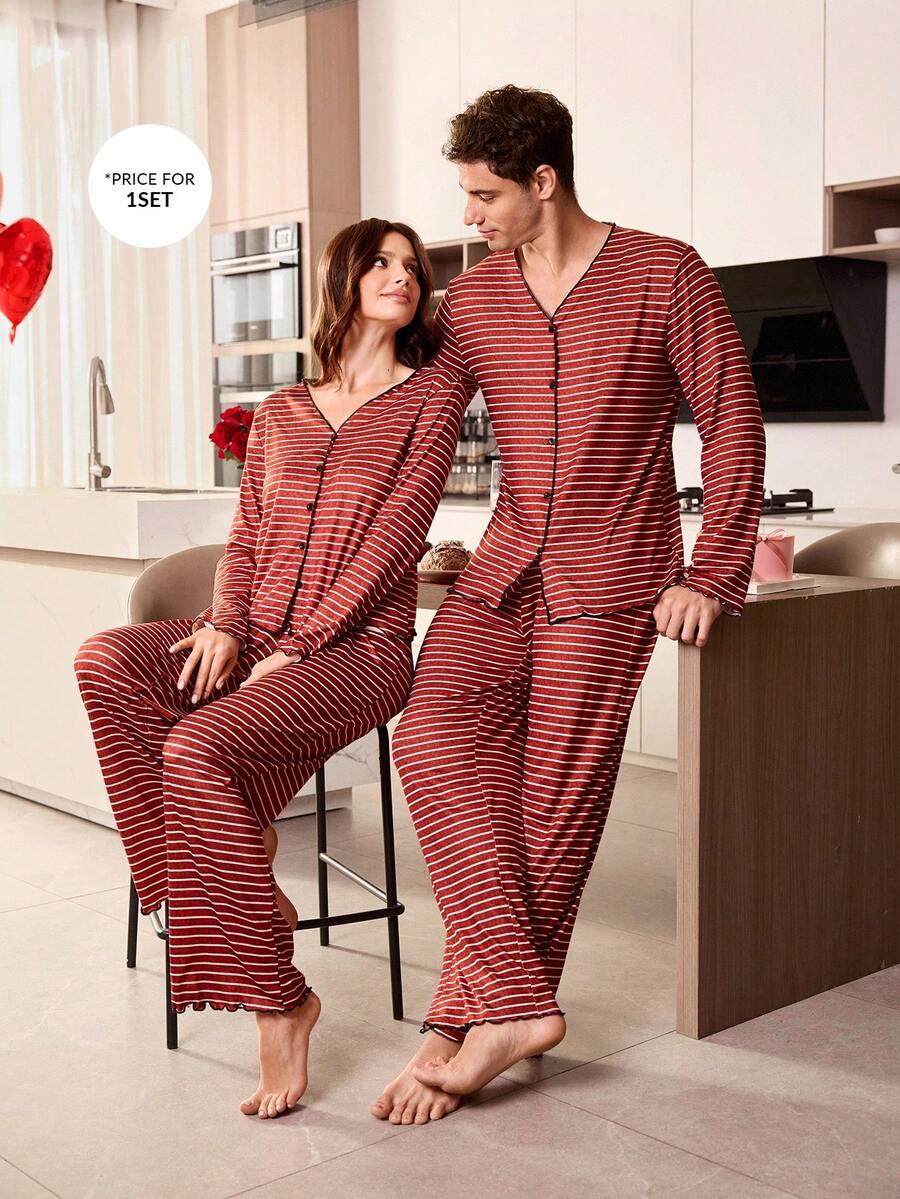 SHEIN Men's Fashion Casual Striped Print V-Neck Cardigan Long Sleeve Pajama Set - Red - View 1