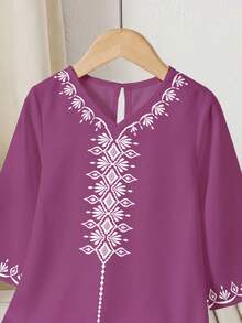 SHEIN Elegant Vintage Distinctive Dignified Young Girls' Kaftan Robe, Arabic Style Patterned Long Robe Suitable For Celebrations, Daily Wear, And Outings, Happy Holidays - Multicolor - View 6