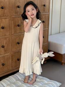 DAZY 少女荷叶边下摆休闲家居服连衣裙 - 米色 - 查看 5