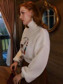 Gretanique Damen Cottagecore Hirsch Bestickter Rundhals Langarmpullover, Herbst/Winter, Drop-Shoulder - Aprikosenfarben - Übersicht 4