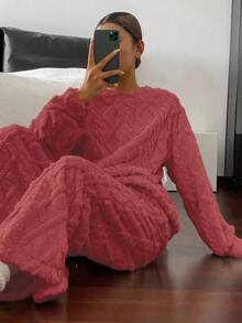 DAZY 2pcs Women Textured Fleece Thick Loose Long Sleeve Top And Pants Pajama Set, Autumn/Winter - Pink - View 6