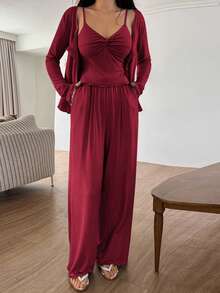 DAZY 3件套纯色针织扭结设计吊带开衫和裤子女士家居服套装，秋季 - 酒紅色 - 查看 5