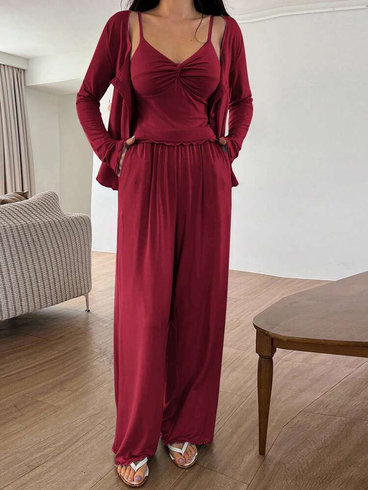 3pcs Solid Color Knit Twist Design Camisole Cardigan & Pants Women Loungewear Set, Autumn