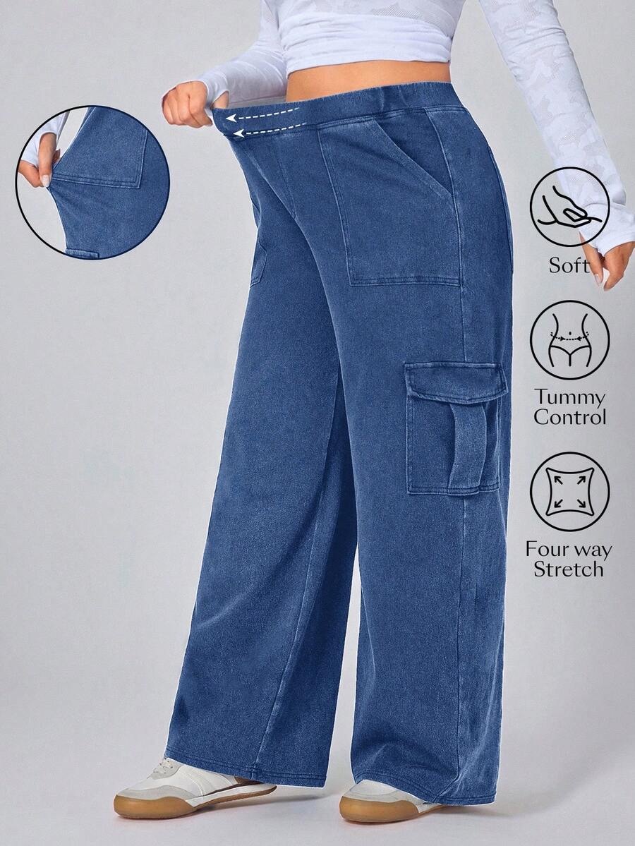 Flexra Plus Size Casual Washed Straight Leg Cargo Jeans - Medium Wash - View 1