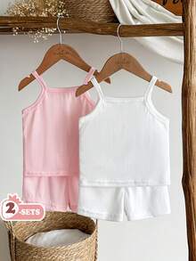 SHEIN Vintaside Kids 女婴纯色吊带背心和松紧腰短裤套装，夏季淑女装 - 彩色 - 查看 3