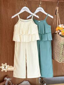 Vintaside Kids 4pcs/Set Girls' Casual Charming Camisole Top Paired With Relaxed Wide Leg Pants, Pink & Beige, Suitable For Daily Outings, Vacation & Leisure Wear - Multicolor - View 3