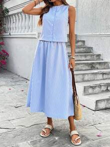 SHEIN Holidaya Women's Striped Sleeveless Cardigan And Maxi Skirt Set, Suitable For Commuting And Vacation, Summer - Blue and White - View 4