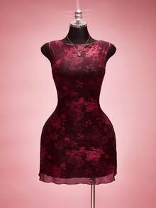 SHEIN ICON Đầm lưới không tay cổ thuyền in hoa hồng cỡ lớn, thích hợp cho mùa hè, lễ tốt nghiệp, tựu trường, kỳ nghỉ hè, mùa xuân, ngày Valentine, hẹn hò. - Nhiều màu - Xem 1