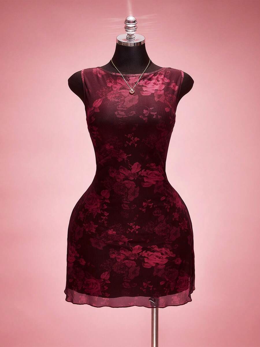 SHEIN ICON Đầm lưới không tay cổ thuyền in hoa hồng cỡ lớn, thích hợp cho mùa hè, lễ tốt nghiệp, tựu trường, kỳ nghỉ hè, mùa xuân, ngày Valentine, hẹn hò. - Nhiều màu - Xem 1