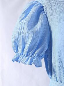 Teenage Girls' Elegant Textured Jacquard Lantern Sleeve Layered Dress, Suitable For Daily Wear And Various Occasions, Spring/Summer, Blue - Blue - View 6