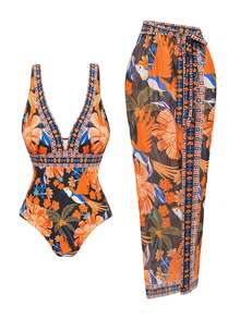 Swim Oasis Women's New One-Piece Printed Swimsuit With Long Sarong Skirt, Deep V-Neck Backless Sleeveless Vacation 2-Piece Swimwear Set - Multicolor - View 1