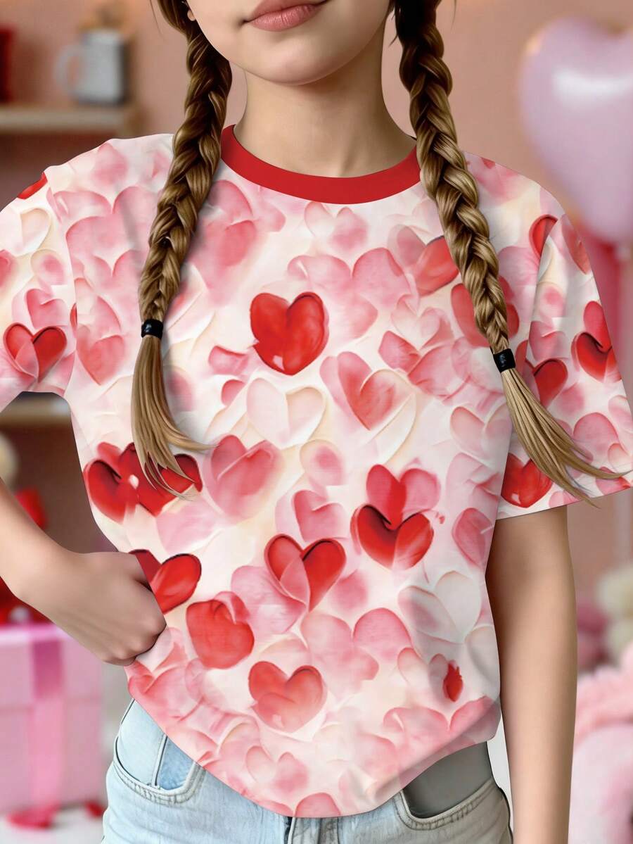 Girls' Fashionable Sweet Cute All-Over Heart Print Round Neck Short Sleeve T-Shirt Top, Suitable For Holiday Parties, Valentine's Day Gift, Red Heart Top For Outdoor Wear In Summer