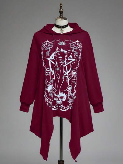 Goth Felpa con cappuccio asimmetrica, taglia comoda, con grafica gotica vintage di gatto nero e astrologia, di colore nero, adatta a taglie forti