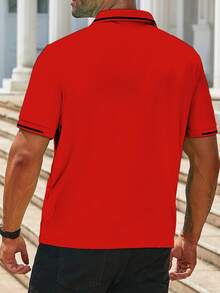 Manfinity Homme Plus Size Men's Red And Black Contrast Color Short Sleeve Casual Summer Polo Shirts,Commuter Golf Shirt For Men,Collar Outfits Red Shirts - Red - View 2