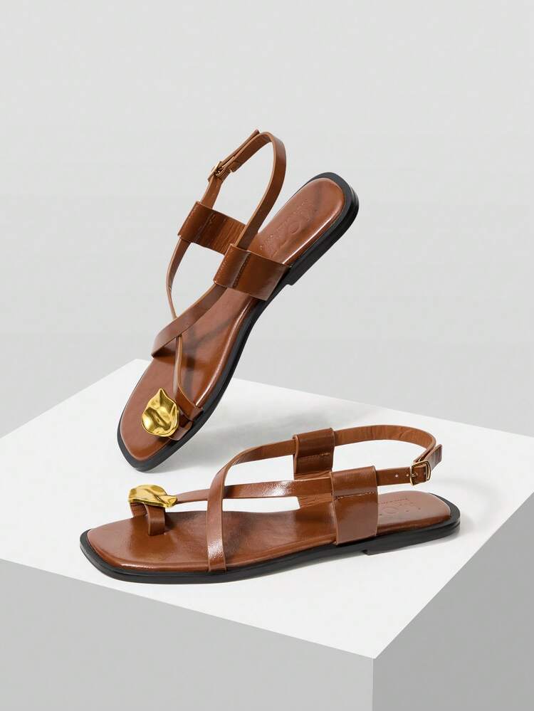 LADIES SUMMER FASHION CASUAL COMMUTER VACATION METAL DECOR POST TOE CROSS STRAP STRAP FLAT SANDALS SUMMER SHOES