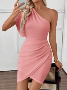 Miaspire Women's Elegant Solid Color Wrap Around Sleeveless Mini Dress, Summer Vacation Outfit For Women Spring Sunmmer One Shoulder Dress One Sleeve Dress - Dusty Pink - View 7