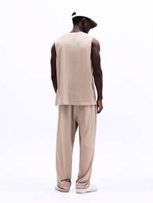 SUMWON Beige Slub Tank Top And Matching Pants Two Piece Casual Co-Ord Set Summer Lounge Wear Outfit - Khaki - View 2