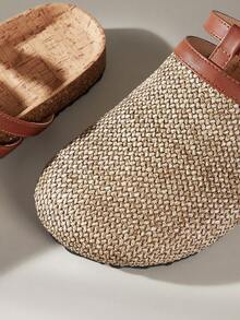 Solecia Women's Woven Textured Slip-On Sandals, Round Toe Design, Exposed Heel, Comfortable Minimalist Style, Suitable For Vacation And Commute, Brown Flat Shoes, Versatile For Casual Wear - Brown - View 5