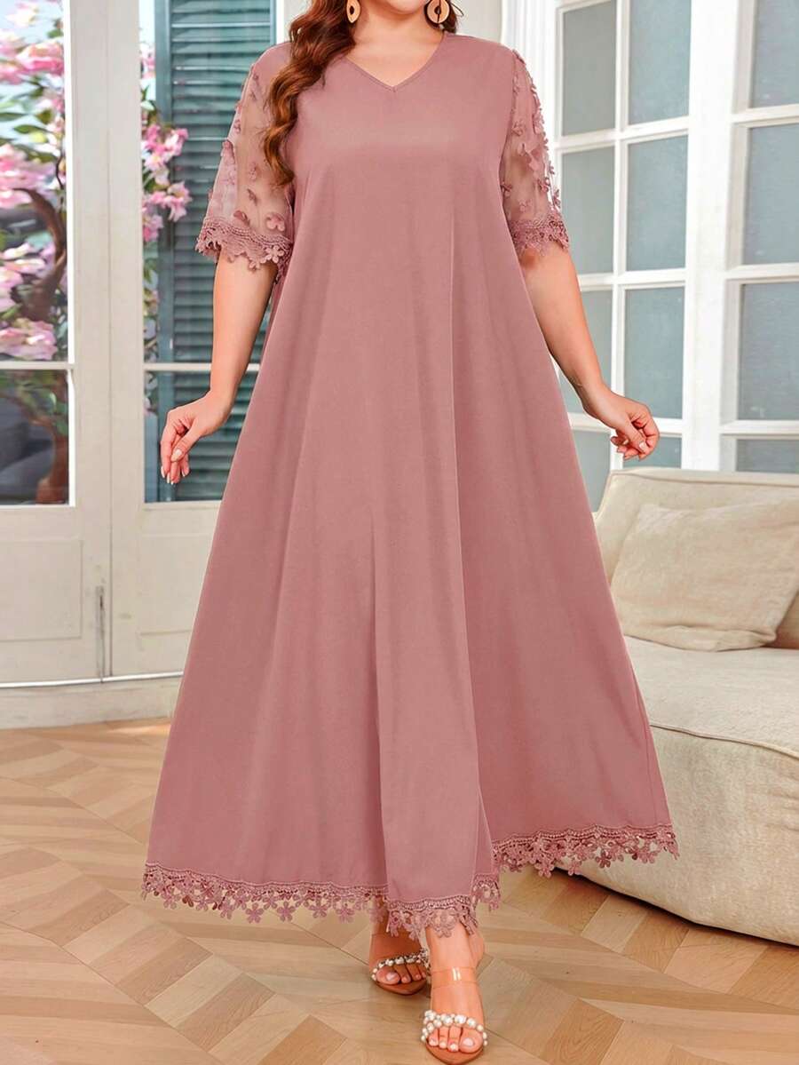 Lacomfia Plus Size Short Sleeve Solid Color Lace Trim Arabic Style Dress - Dusty Pink - View 1