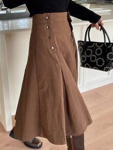 DAZY Women's Pleated Long Casual Denim Skirt - Brown - View 1