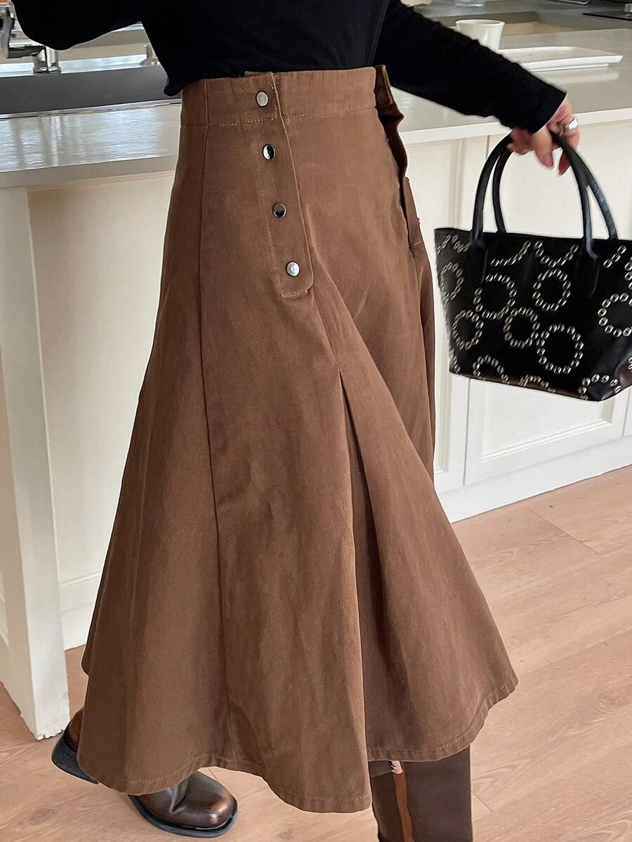 DAZY Women's Pleated Long Casual Denim Skirt - Brown - View 1