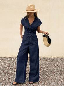 DAZY Women's V-Neck Twist Knot Short Sleeve Cropped Denim Top And Loose Straight Leg Jeans Casual Vacation Outfit - Dark Wash - View 3