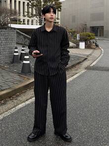 DAZY Men's Black Striped Shirt And Pants Suit, Commuter Wear For Spring And Autumn - Black - View 1