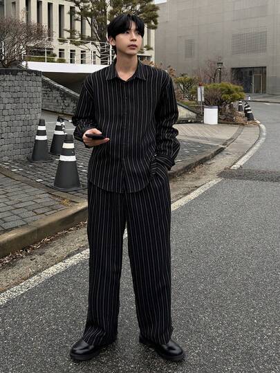 DAZY Men's Black Striped Shirt And Pants Suit, Commuter Wear For Spring And Autumn