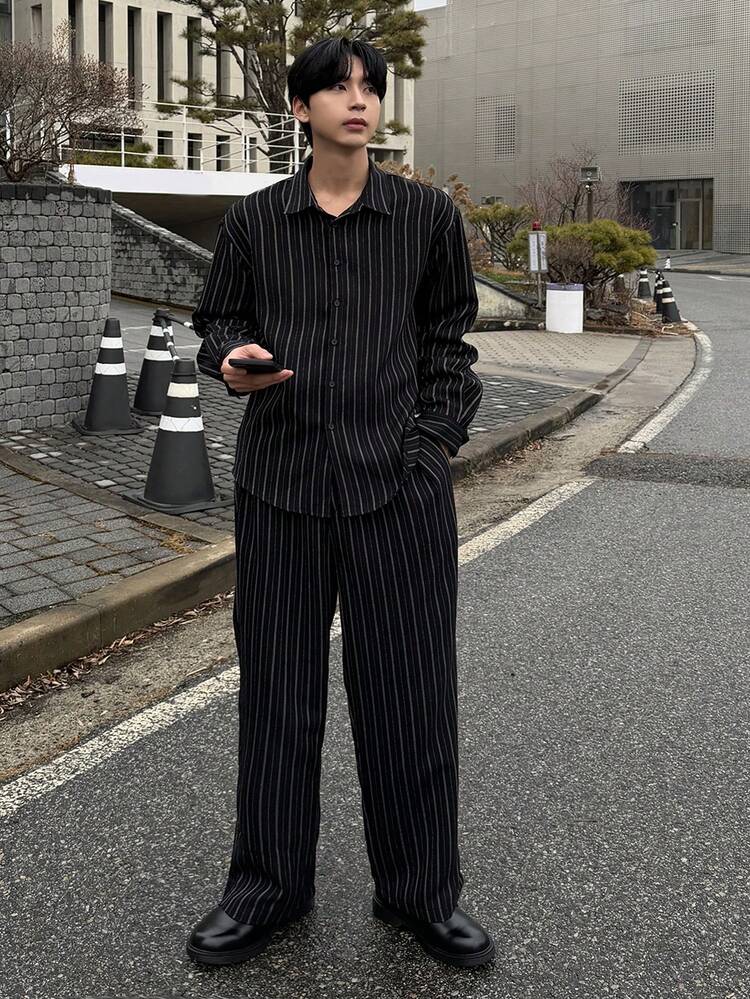 Men's Black Striped Shirt And Pants Suit, Commuter Wear For Spring And Autumn