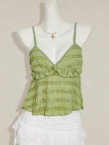 Sweetina 纯色荷叶边休闲吊带背心，提花面料 - 綠色 - 查看 3