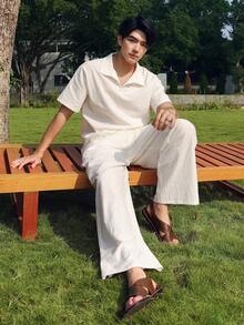 DAZY Men's Solid White Pleated Fabric Polo Shirt Set, Spring/Summer - White - View 4