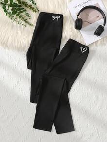 SHEIN 2pcs/Set Tween Girls' Casual All-Match Versatile High Waist Elastic Knit Heart & Bow Embroidered Skinny Leggings, Black, Suitable For Daily Wear, Home, School, All Season - Black - View 3