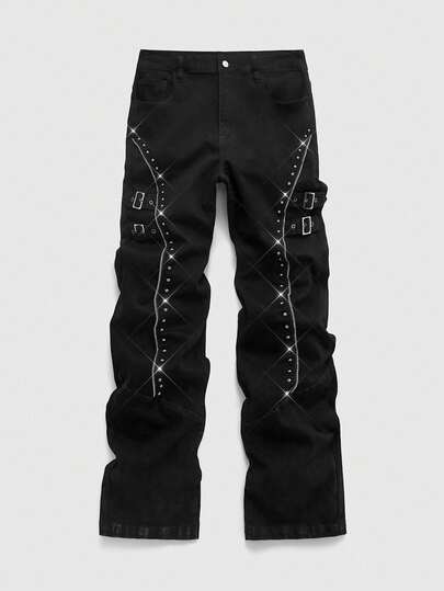 Street Life Jeans de pierna recta con hebilla decorativa de remaches para hombres