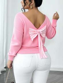 Elenzga Women's Casual V-Neck Bow Tie Long Sleeve Loose Fit Plus Size Sweater,Cerise Pink,Autumn,Cute,Wedding Ninang Outerwear Pink Bow Cute Winter Sweaters - Pink - View 1