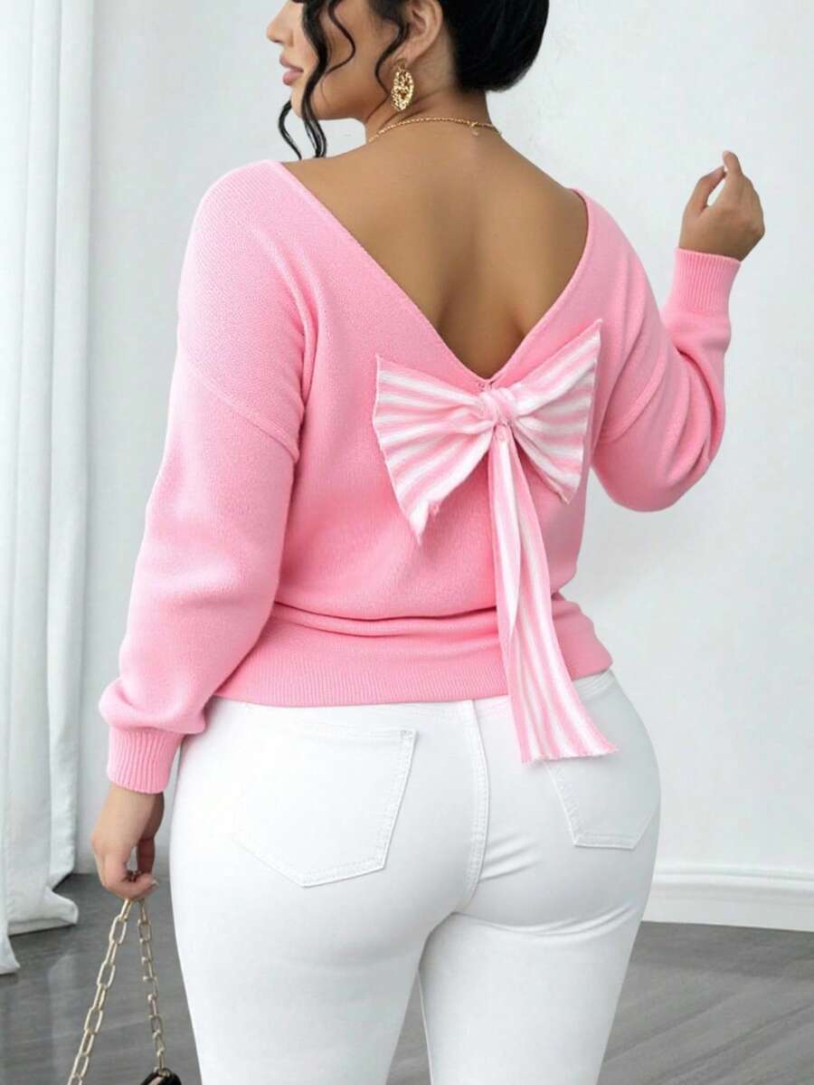 Elenzga Women's Casual V-Neck Bow Tie Long Sleeve Loose Fit Plus Size Sweater,Cerise Pink,Autumn,Cute,Wedding Ninang Outerwear Pink Bow Cute Winter Sweaters - Pink - View 1