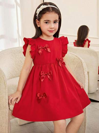 SHEIN Young Girl Elegant Fitted Floral Decor Flutter Sleeve Ruffle Hem Woven Solid Color Dress, Casual & Resort Wear