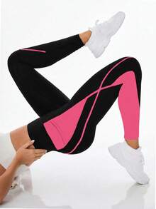 Exploreva Leggings sin costuras de cintura alta con patchwork de colores contrastantes - Rosa coral - Ver 4